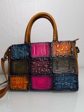 Aphison Pure Handmade Embossed Leather Patchwork Satchel Handbag - Art To Wear